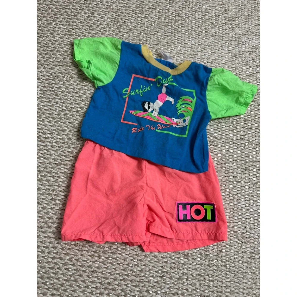 Vintage Neon Surfin Dud Toddler Set 24/18 Retro Beach skate surf tee shorts 80's
